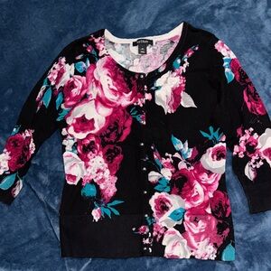 White House Black Market Floral Knit Top in Pink and Black